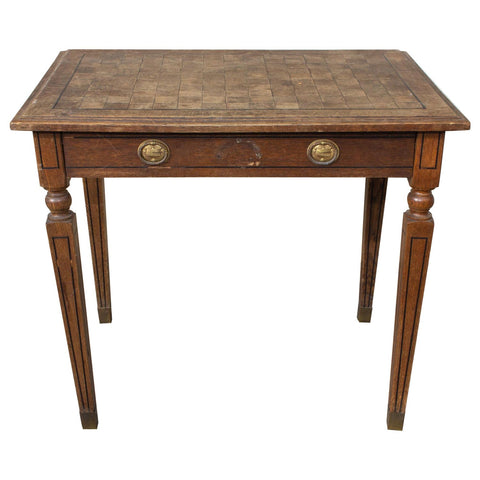 1920s French Parquet Top Desk with Drawer and Brass Details