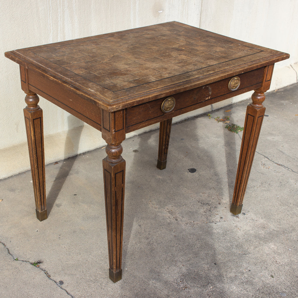 1920s French Parquet Top Desk with Drawer and Brass Details