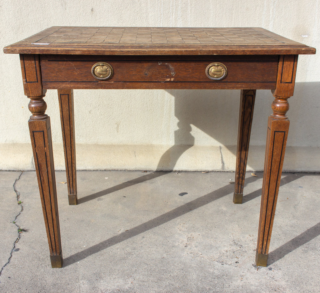 1920s French Parquet Top Desk with Drawer and Brass Details