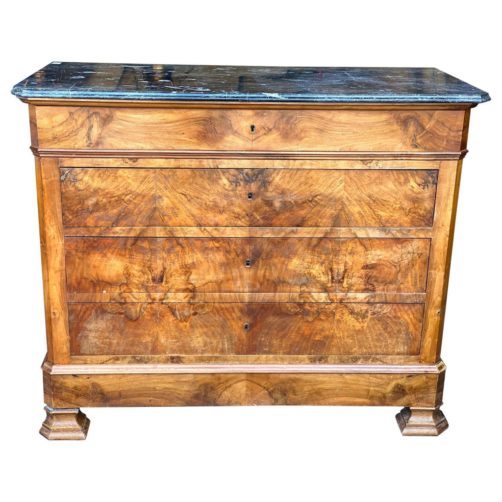Antique French Louis Philippe Mahogany Chest of Drawers with Dark Marble Top