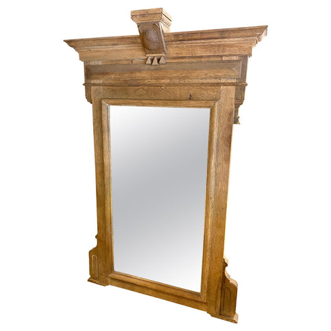 Large Stripped Late Victorian English Carved Oak Mirror, circa 1850