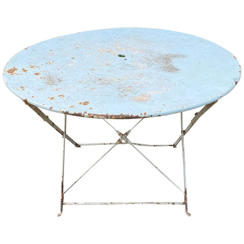 Vintage 1930s French Painted Round Metal Folding Table in Sky Blue