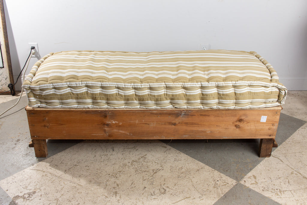 19th Century French Wood Banquette Bench with Cotton Cushion and Storage