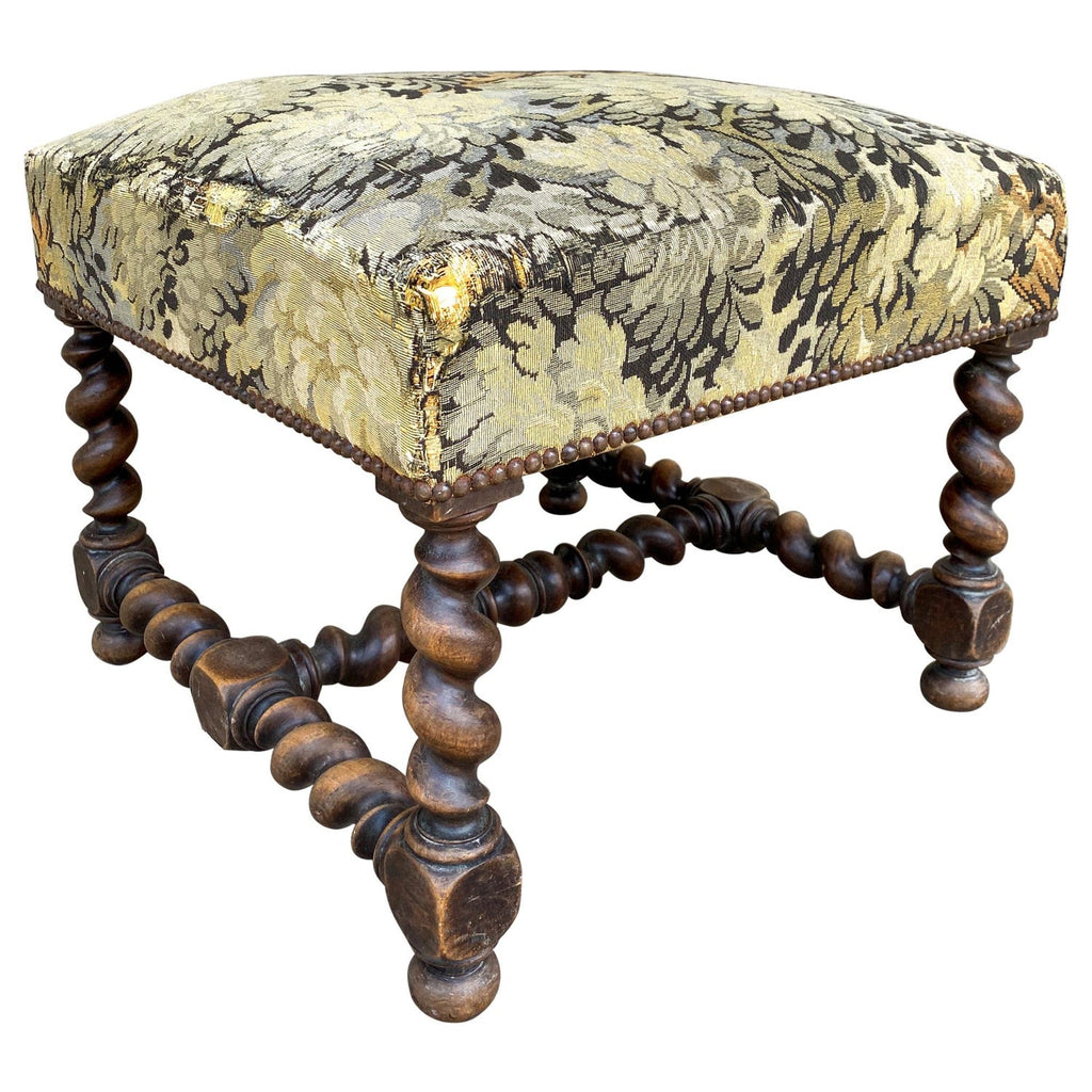 Antique French Barley Twist Ottoman with Embroidered Upholstery, circa 1900