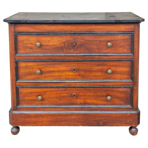 Antique French Walnut Veneer Chest of Drawers with Black Painted Accents