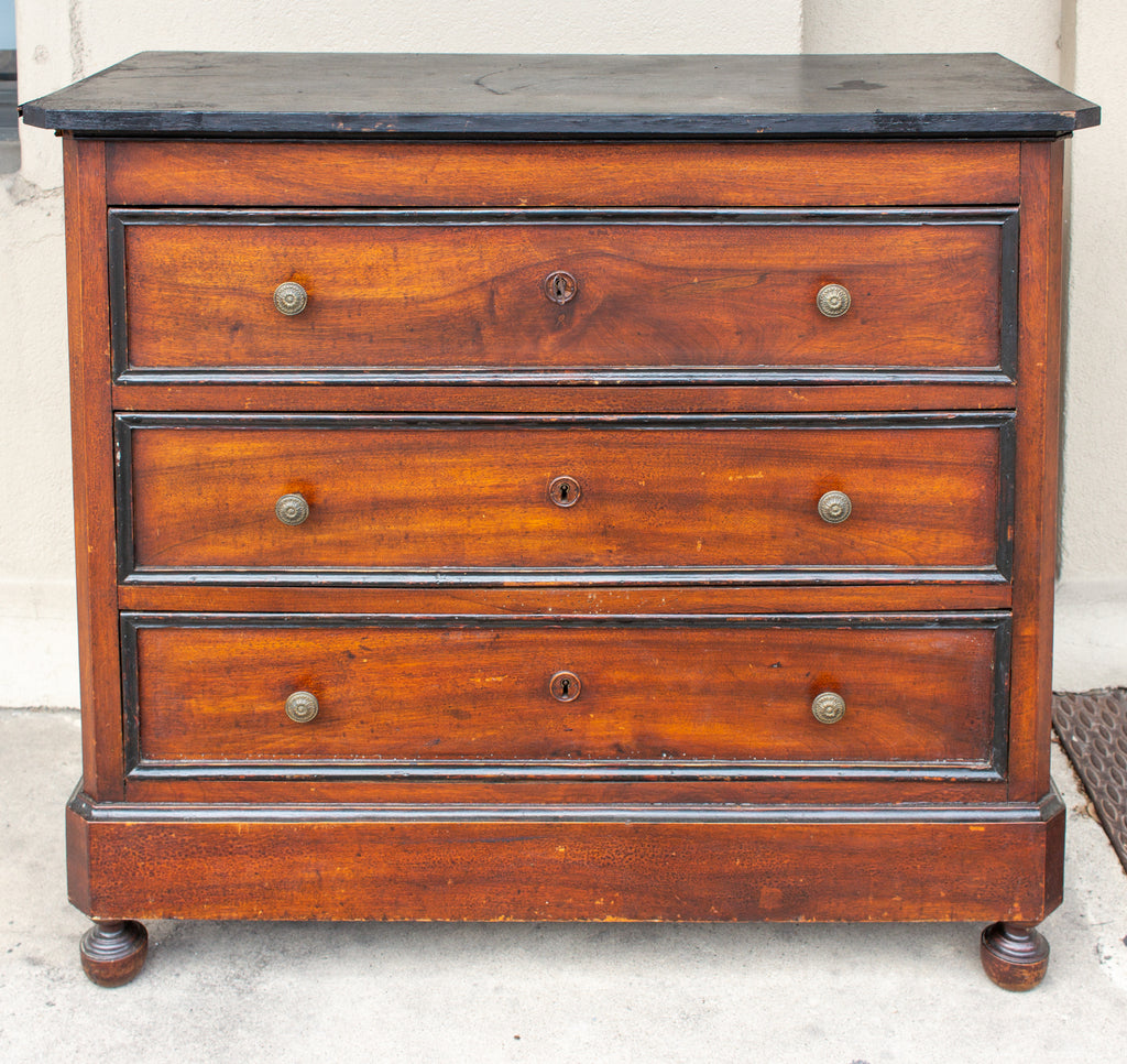 Antique French Walnut Veneer Chest of Drawers with Black Painted Accents