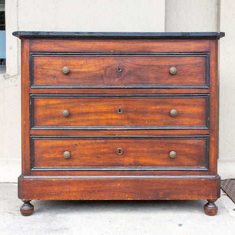 Antique French Walnut Veneer Chest of Drawers with Black Painted Accents