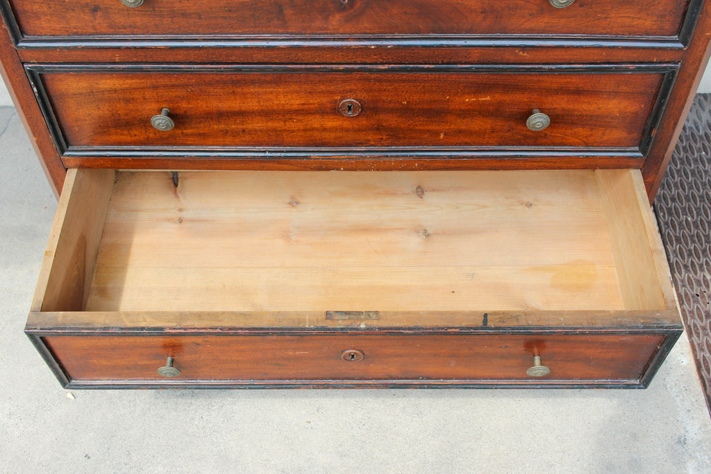 Antique French Walnut Veneer Chest of Drawers with Black Painted Accents