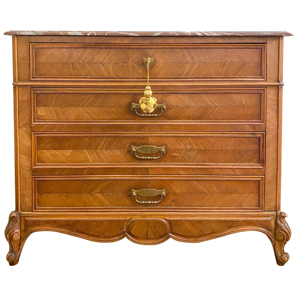 19th Century Louis XV Style Carved Wood Chest with Veneer Details and Marble Top