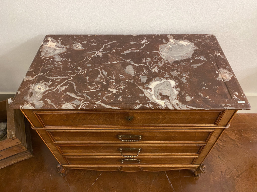 19th Century Louis XV Style Carved Wood Chest with Veneer Details and Marble Top