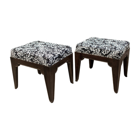 Pair of Mid-Century Wood Stools with Graphic Upholstery