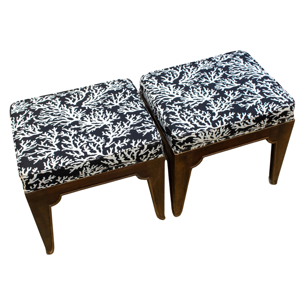 Pair of Mid-Century Wood Stools with Graphic Upholstery