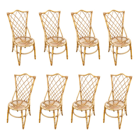 Set of 8 Vintage French Bamboo and Rattan Dining Chairs