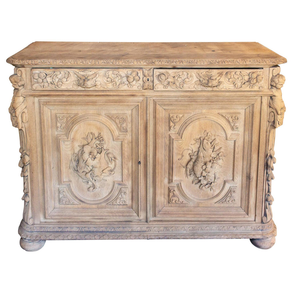 Antique French Carved Oak Hunt Buffet with Interior Shelves