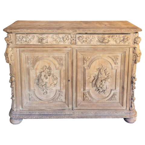 Antique French Carved Oak Hunt Buffet with Interior Shelves