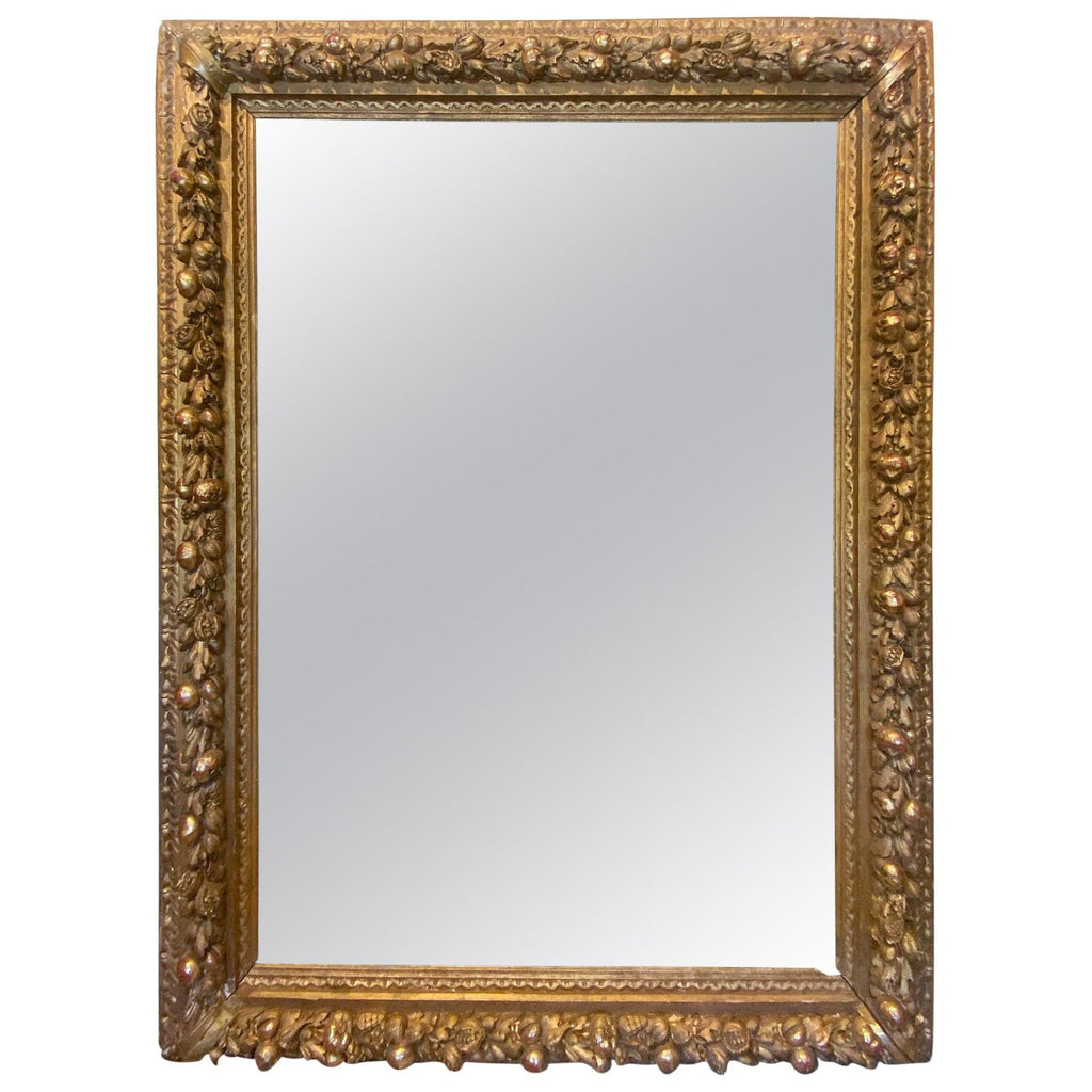 Large Antique French Gilt Floor Mirror with Carved Pomegranate & Leaf Details