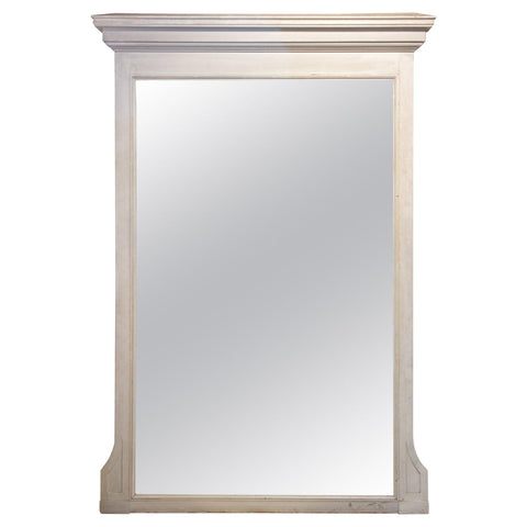 Large Antique French Painted Floor Mirror in Antiqued White