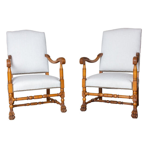 Antique French Louis XIII Carved Armchairs | Pair Available