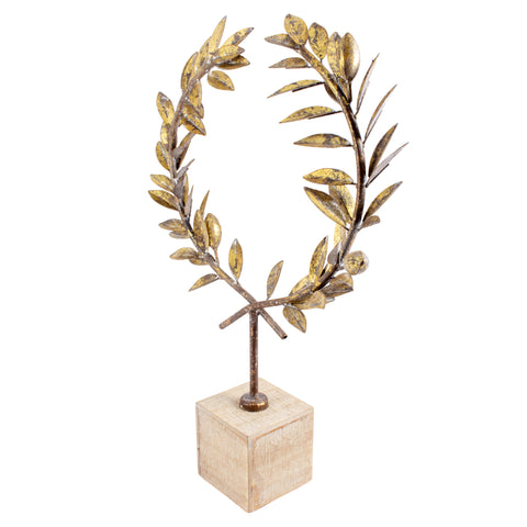 Antiqued Gold Laurel Wreath in Wood Stand