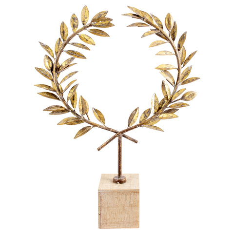 Antiqued Gold Laurel Wreath in Wood Stand