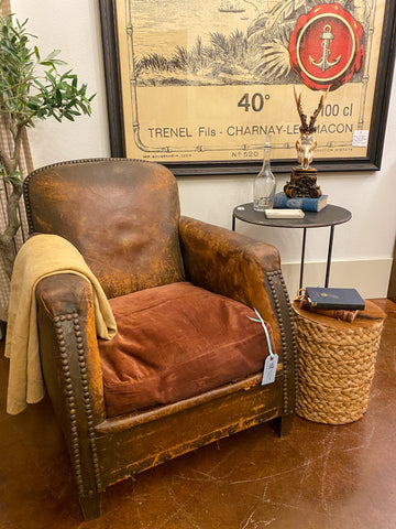 1930s French Distressed Leather and Velvet Armchair with Brass Nailhead Detail