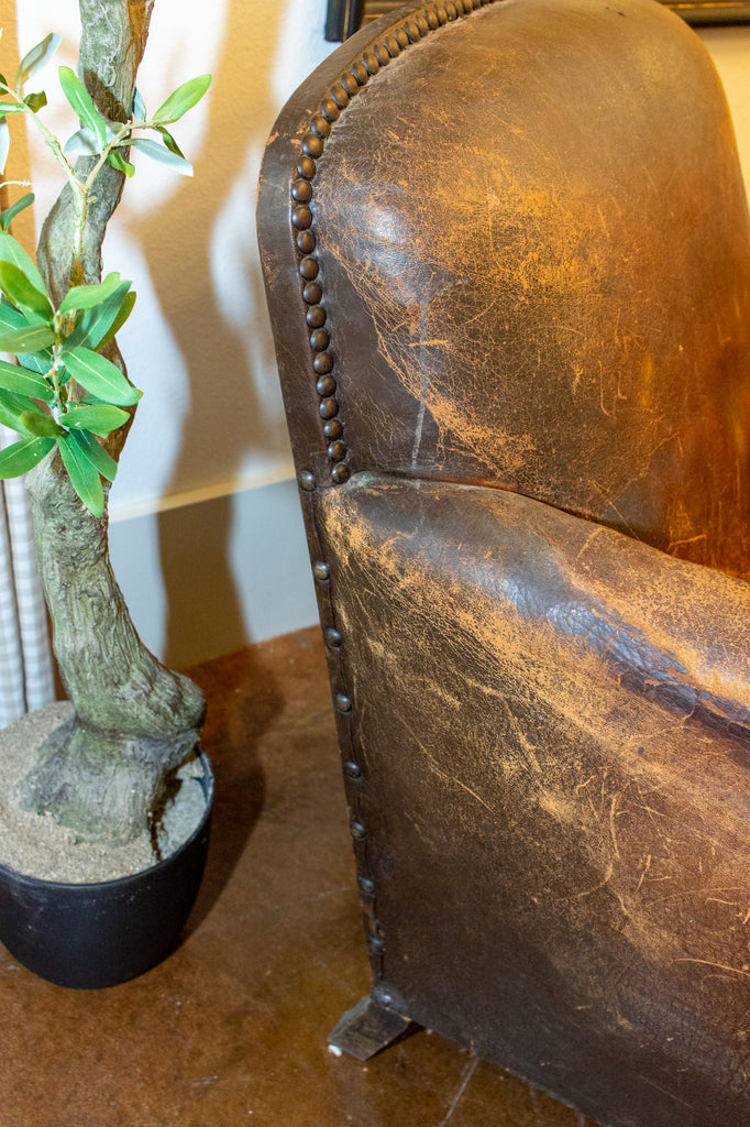 1930s French Distressed Leather and Velvet Armchair with Brass Nailhead Detail