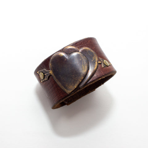 Handcrafted Leather & Metal Hearts Cuff