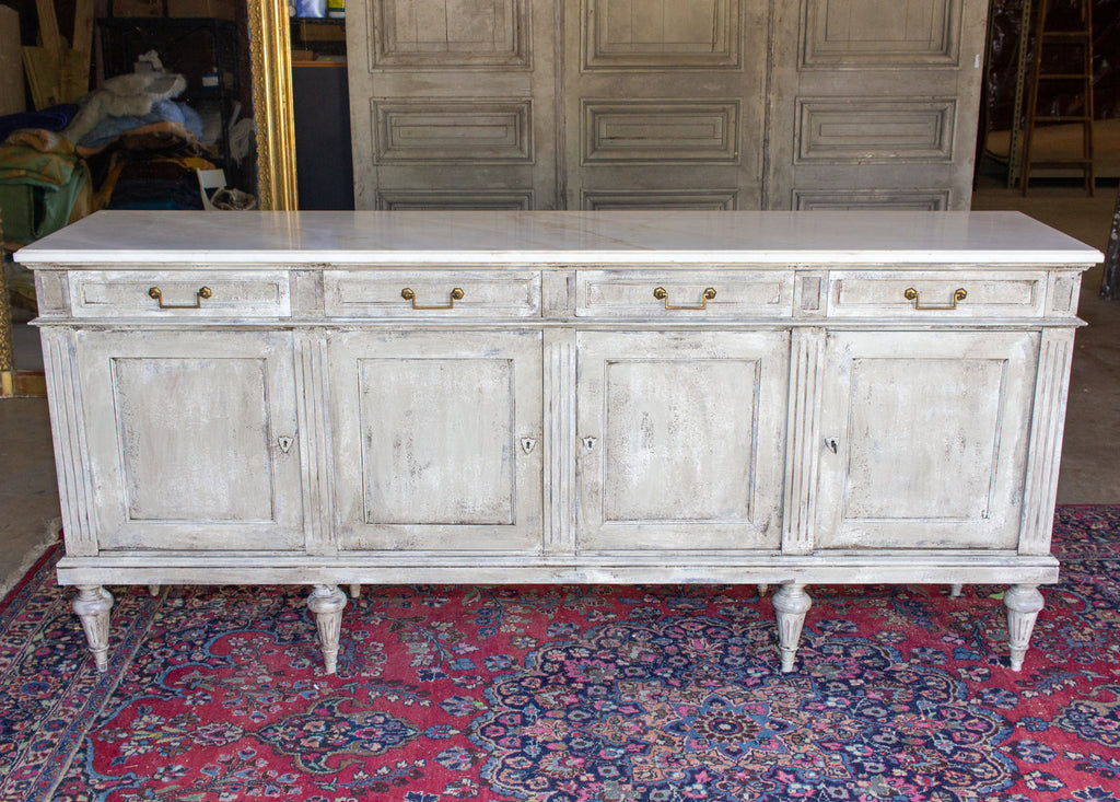 Vintage French Louis XVI Style Painted Enfilade Buffet with White Marble Top