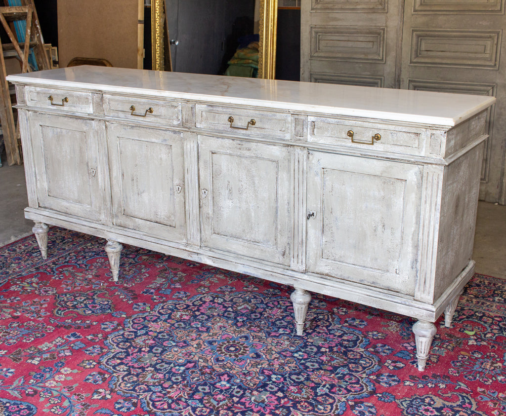 Vintage French Louis XVI Style Painted Enfilade Buffet with White Marble Top