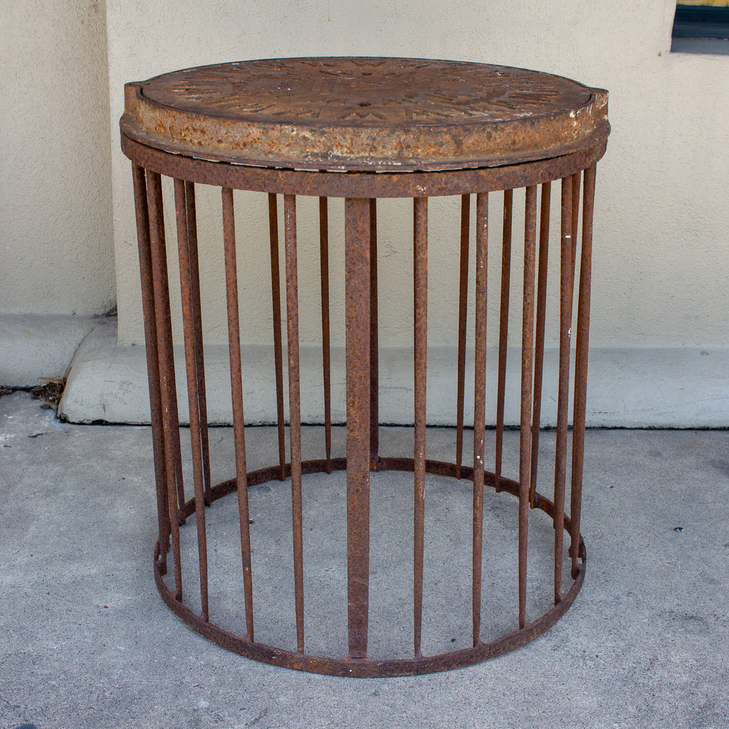 Industrial Antique British Iron Manhole Cover and Drain Side Table