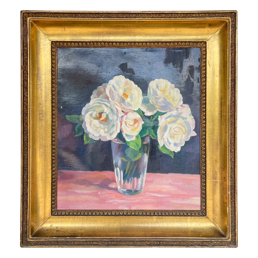 Mid-Century French Peony Still Life Painting in Gilt Frame
