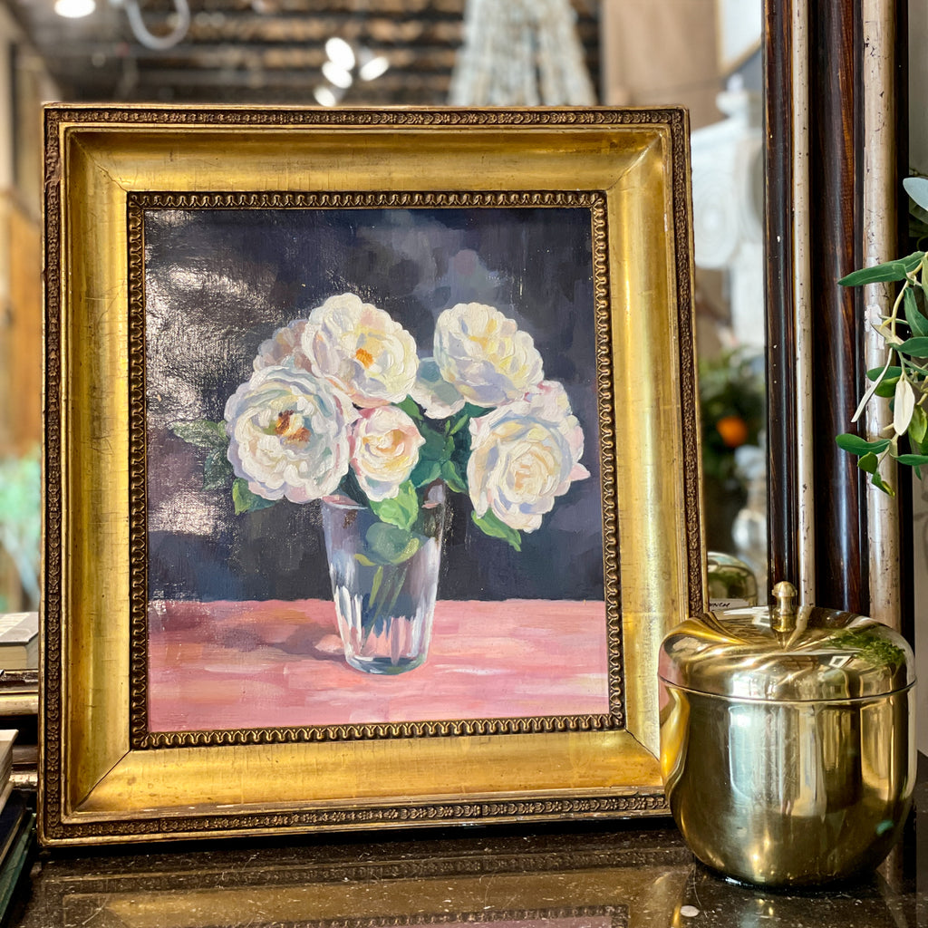 Mid-Century French Peony Still Life Painting in Gilt Frame