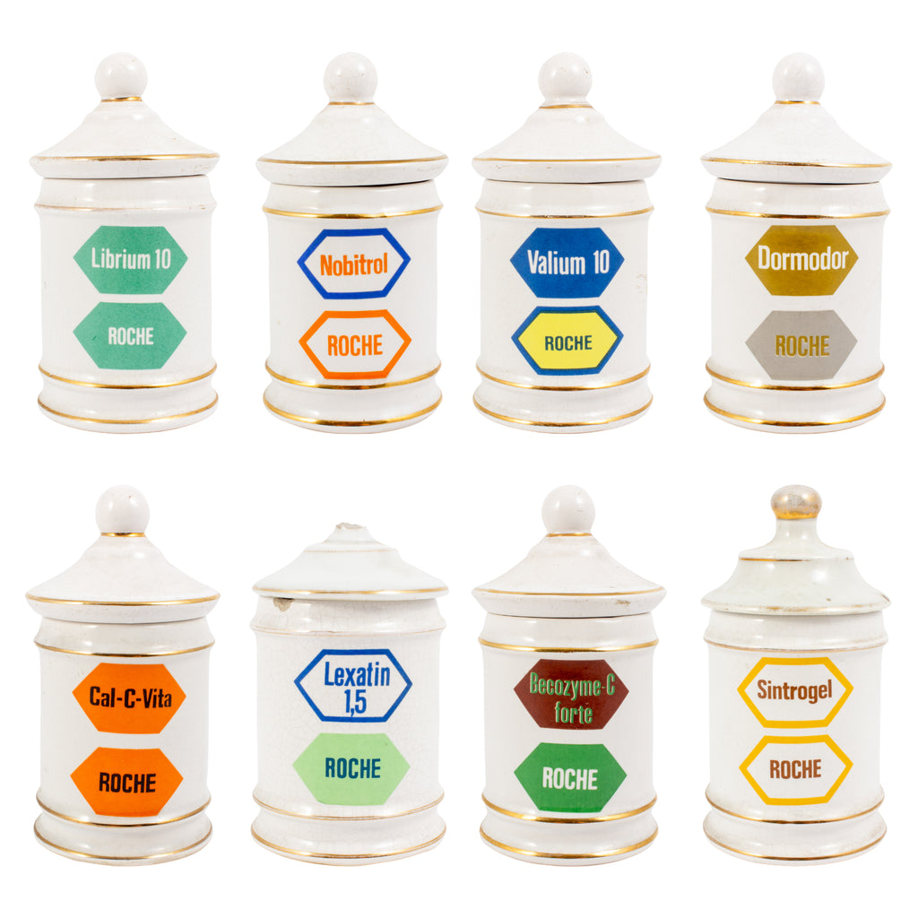 Mid-Century Spanish Roche Pharmaceutical Porcelain Apothecary Jars | Set of 8