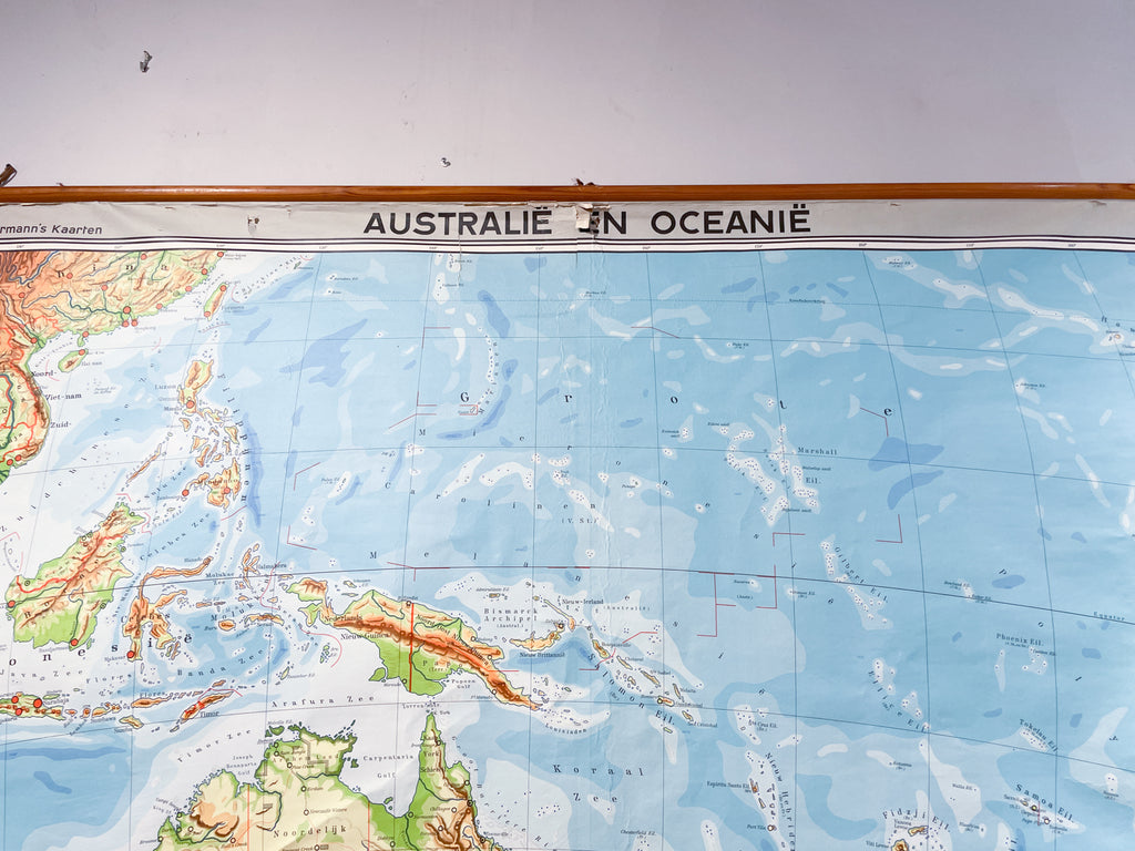 Mid-Century Dutch Topographical Wall Map of Australia and Oceania on Linen