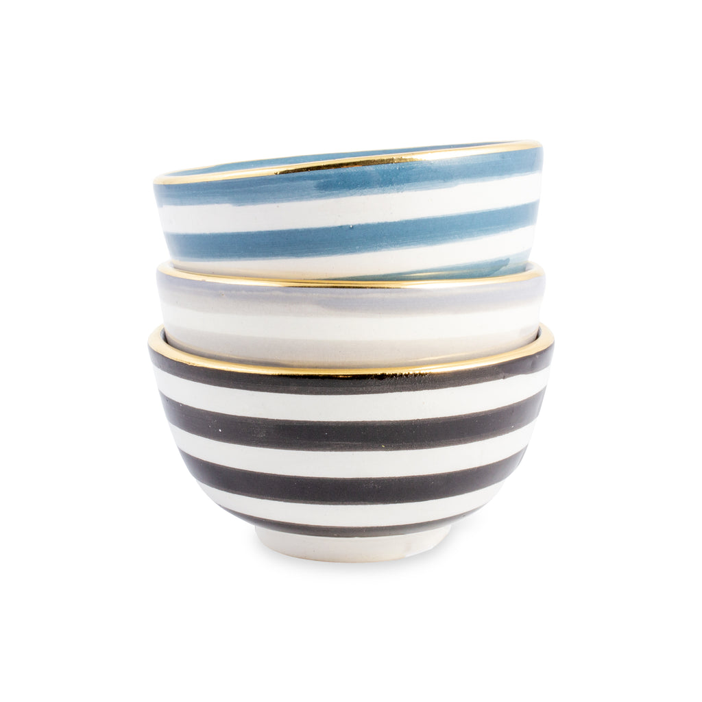 Handmade Stripe Pattern Glazed Moroccan Condiment Bowls with 12K Gold