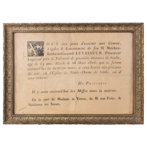 Antique French Framed Napoleonic Funeral Announcement