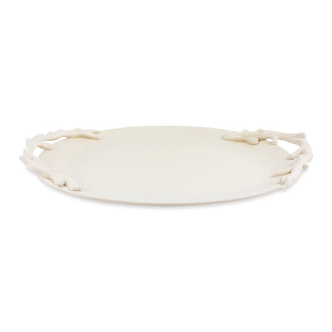 Ceramic Ovular Tray with Branch Handles in Matte Cream