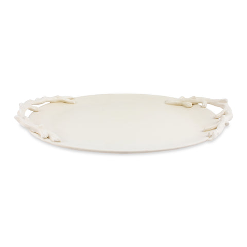 Ceramic Ovular Tray with Branch Handles in Matte Cream