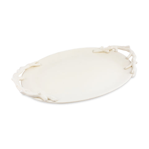 Ceramic Ovular Tray with Branch Handles in Matte Cream