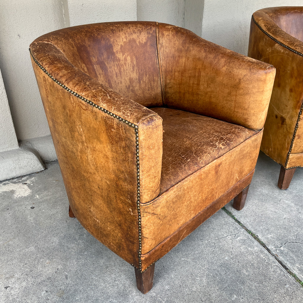 Pair Vintage European Leather Tub Chairs with Brass Nailhead Detail