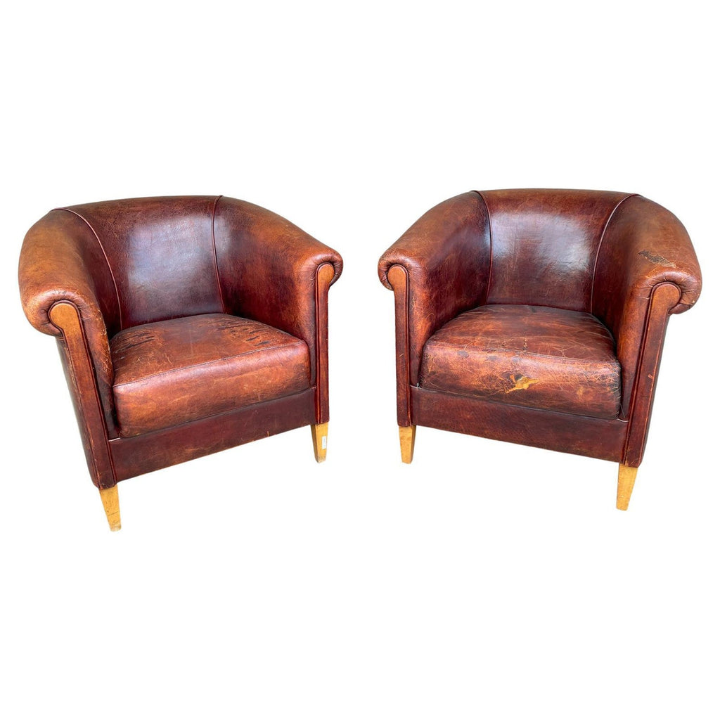 Pair Vintage European Leather Tub Chairs