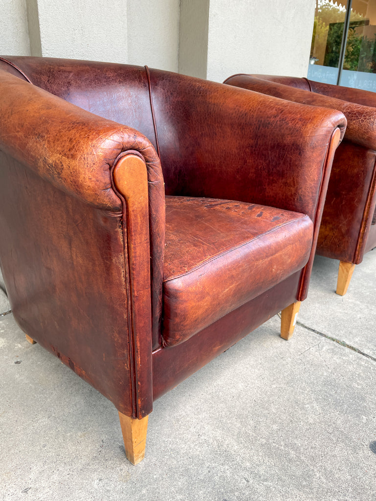 Pair Vintage European Leather Tub Chairs