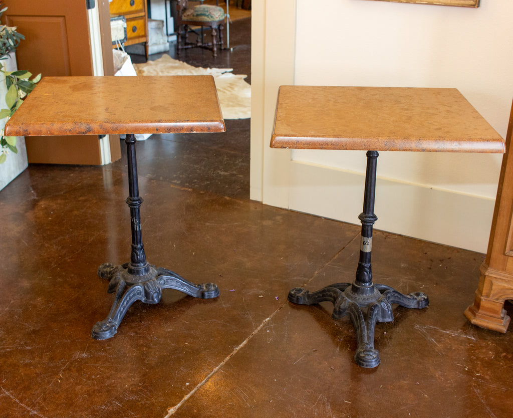 Vintage French Iron Base Bistro Tables with Square Fiberglass Faux "Stone" Top