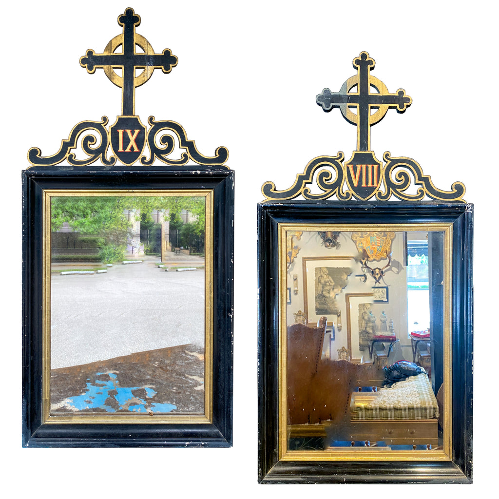 Antique French Ebonized & Gilt Wood Stations of the Cross Mirror Pairing