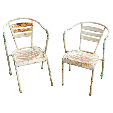Pair of Vintage French Metal Outdoor Stackable Armchairs
