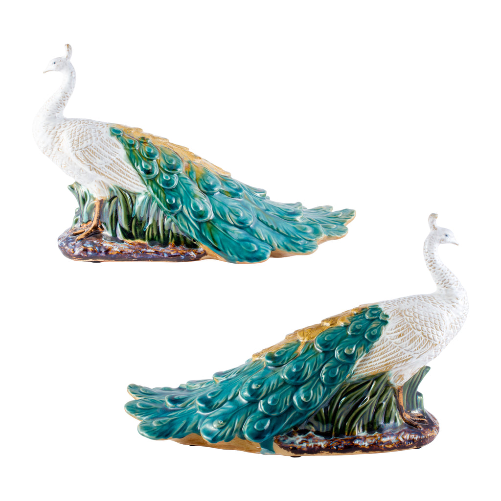 Pairing of Vintage Glazed Ceramic Peacock Figures
