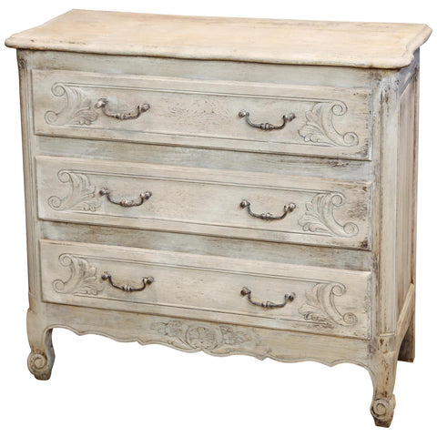 Antique French Petite Bleached Three-Drawer Dresser with Carved Drawers