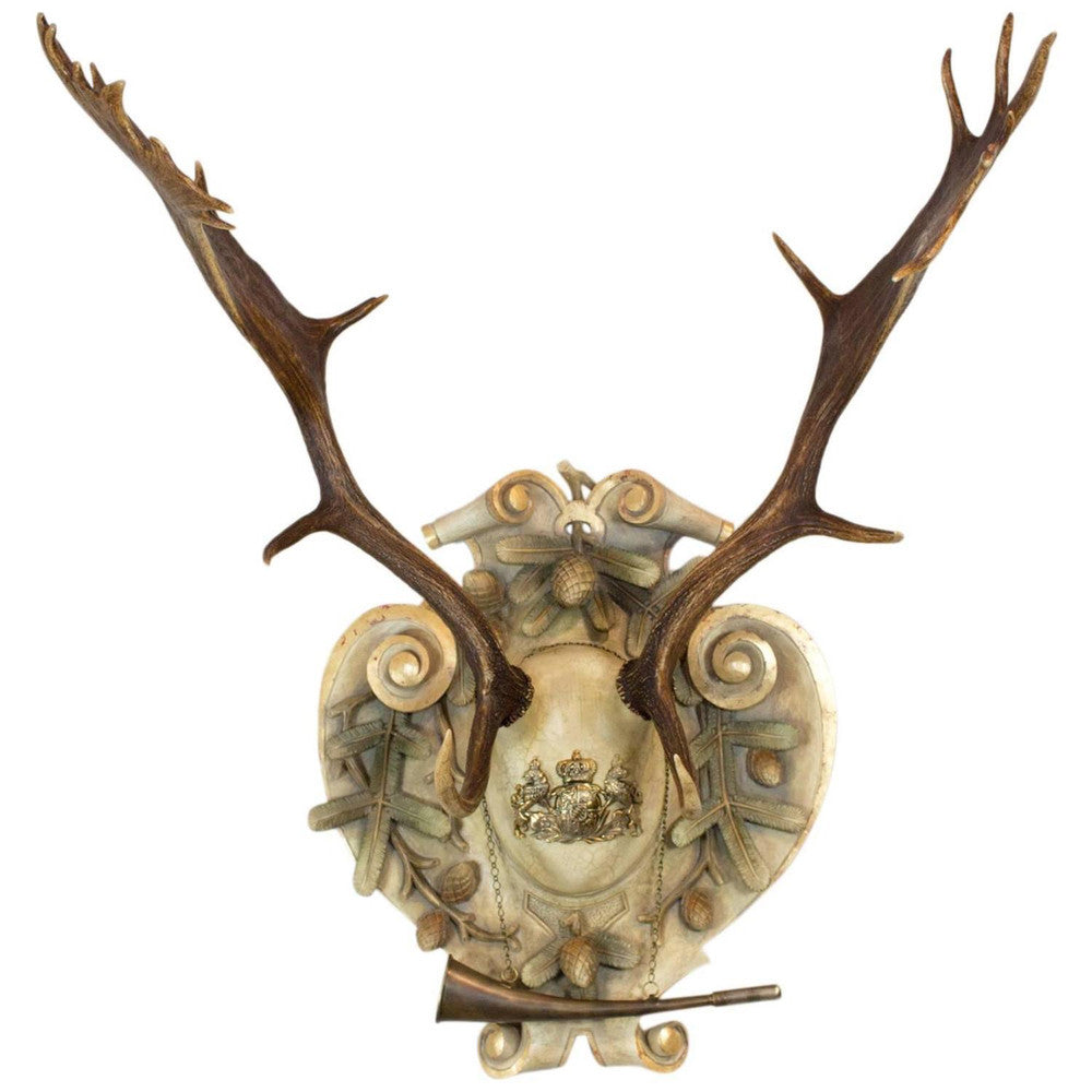 19th Century Habsburg Fallow Trophy on Italian Polychrome Plaque with Hunt Horn