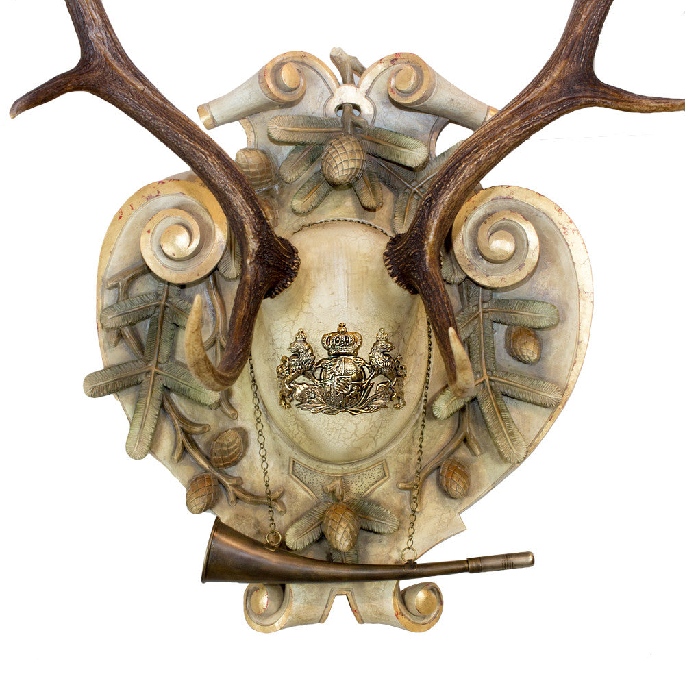 19th Century Habsburg Fallow Trophy on Italian Polychrome Plaque with Hunt Horn