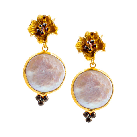 Handmade Gold Flower Bloom & Natural Pearl Drop Earrings from Istanbul